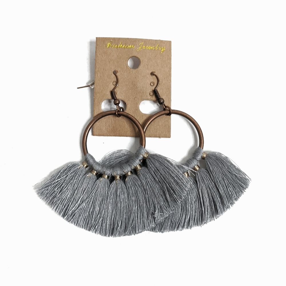 Rustic Boho Tassel Fringe Fan Dangle Earrings Gray
